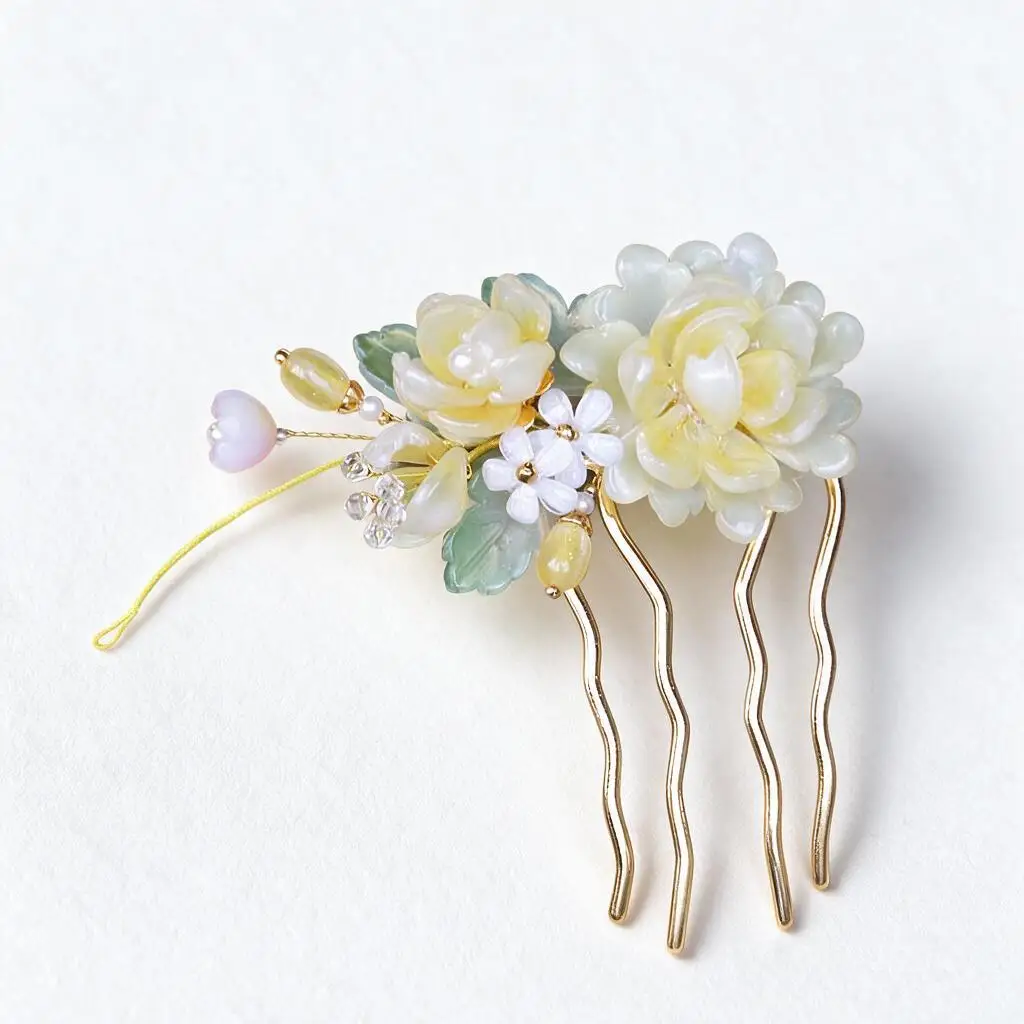 Chinese Style Yellow Glazed Peony Hair Comb Traditional Hanfu Cheongsam Accessory Elegant Daily Updo Hairpin Headdress For Women