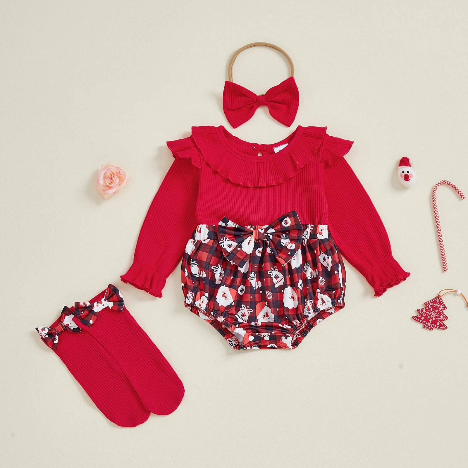 Tregren 0-18M Infant Newborn Baby Girl Christmas Outfit Santa Plaid Print Long Sleeve Ruffle Romper Bow Headband Long Socks Sets