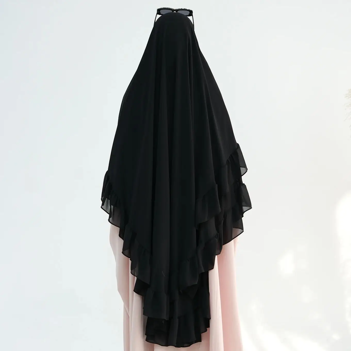 Chiffon Khimar Hijab for Muslim Women (No Niqab), Sweet Ruffles, Extra-long, Double Layers, Islamic Headcover, Party, Ramadan