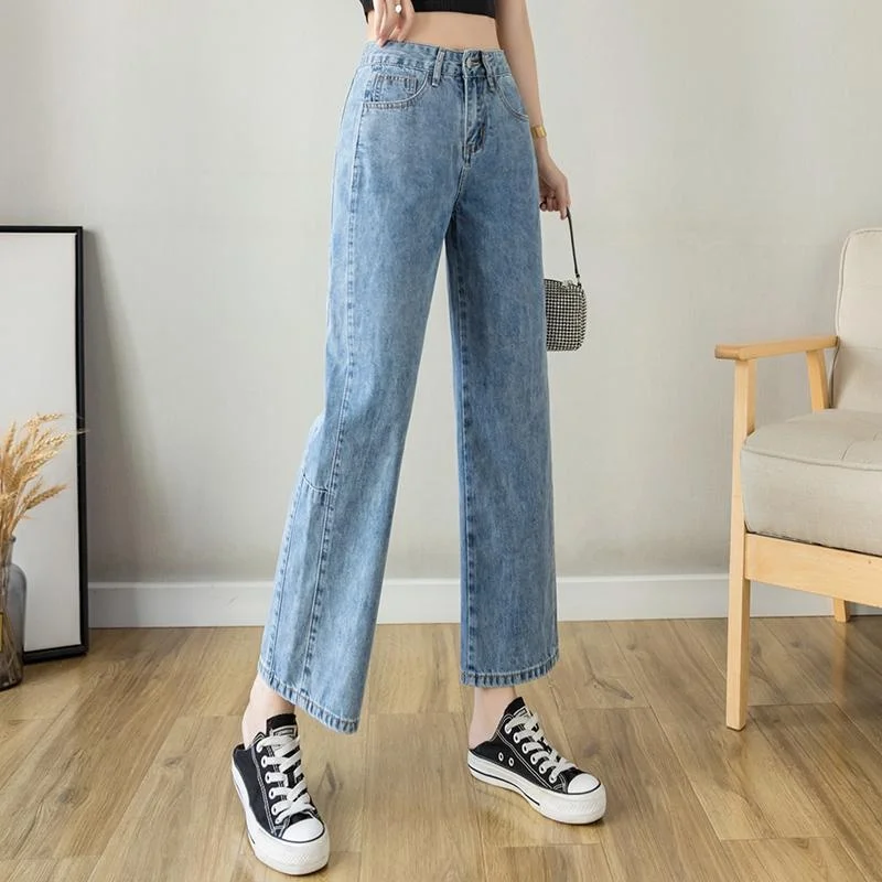 

Джинсы женские повседневные с широкими штанинами, высокой талией, из синей искусственной кожи, модель Cleanfit, длина 9/10, для полных женщин