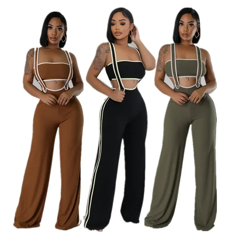 Women's Set Strapless Crop Top + Wide Leg Pants Suits Street Summer Two 2 Piece Set Outfit Night Club Party Tracksuit