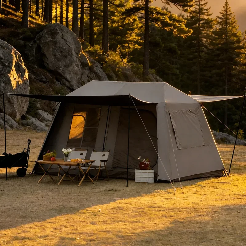 Automatic Vinyl Roof Camping Tent 2 Rooms 1 Living Room Thickened Waterproof Windproof Rainstorm Proof Outdoor Big Tent for