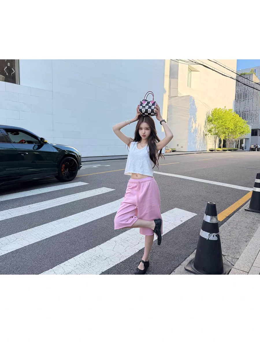 American Style Loose Wide Leg Five-Point Pants Women's Summer Drawstring Drapey Sport Casual Versatile Mid-Length Pants