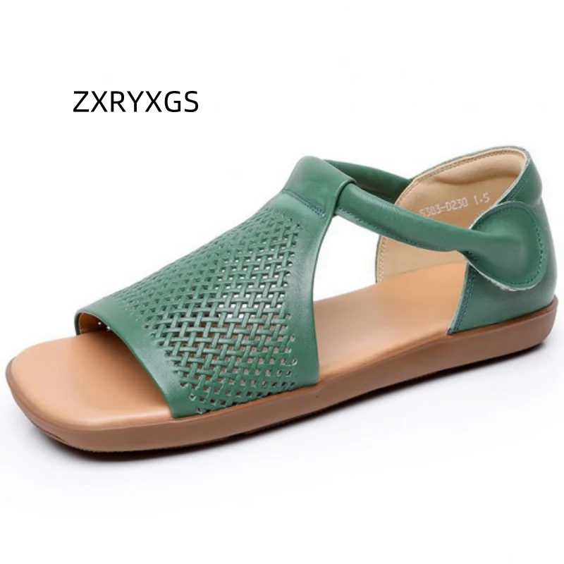 

ZXRYXGS сандалии премиум-класса из воловьей кожи с открытым носком, новинка 2023 года, летние полые римские сандалии из натуральной кожи, удобные женские сандалии на плоской подошве большого размера