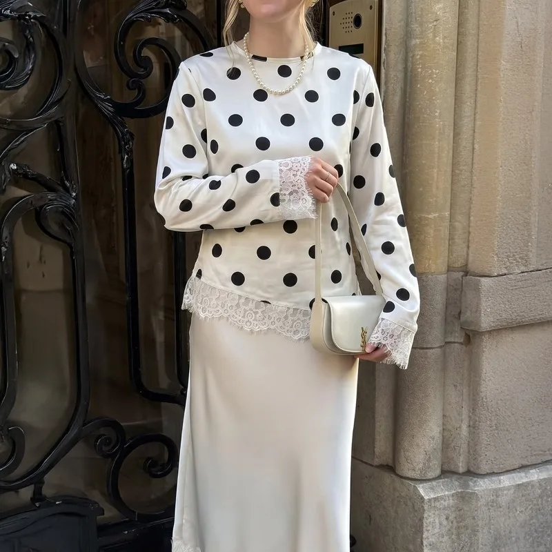 Women Polka Dot Satin Blouse Lace Spliced Elegant Shirts 2026 Spring Summer Draped Silky Tops Female Party Streetwear