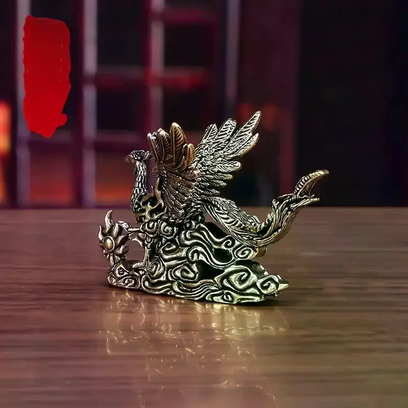 1Pcs Phoenix Blessing Display Figurine Pure Brass Desktop Ornaments Small Decorative Item Tea Ceremony Good Luck Craft Gift