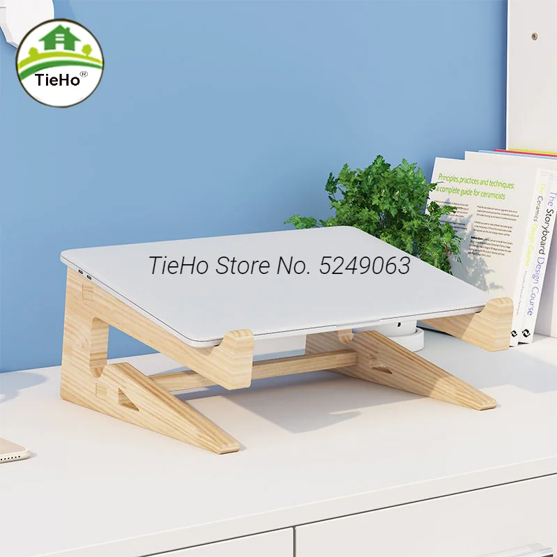 Multifunctional Solid Wood Notebook Bracket Wood Laptop Stand PC Desktop Shelf With Keyboard Support Base Space Saving Storage