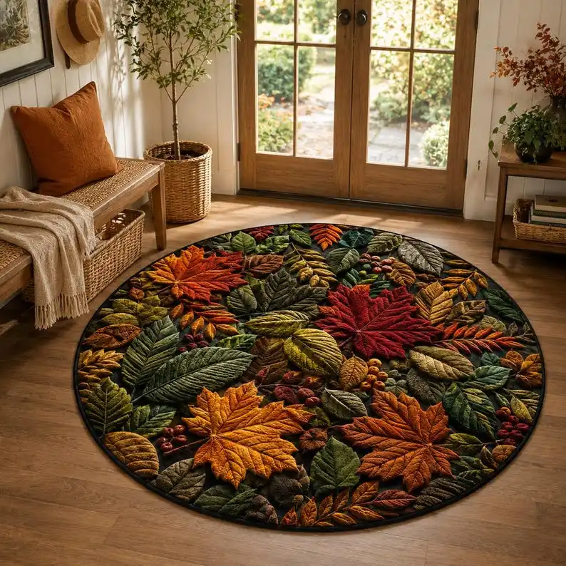 Autumn Leaves Round Rug, Fall Foliage Maple Leaf Rug, Botanical Forest Floor Carpet, Cottagecore Thanksgiving Home Decor