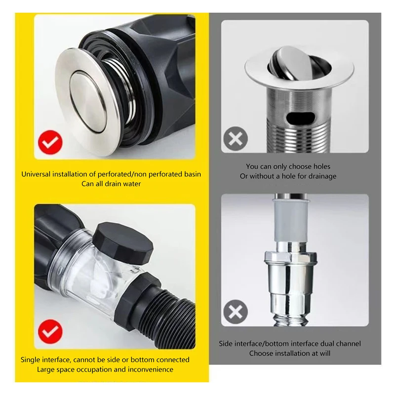 수납형 싱크 배수 솔루션; 악취 방지 기능; 플립 탑 디자인; 욕실 배수구 막힘 방지.