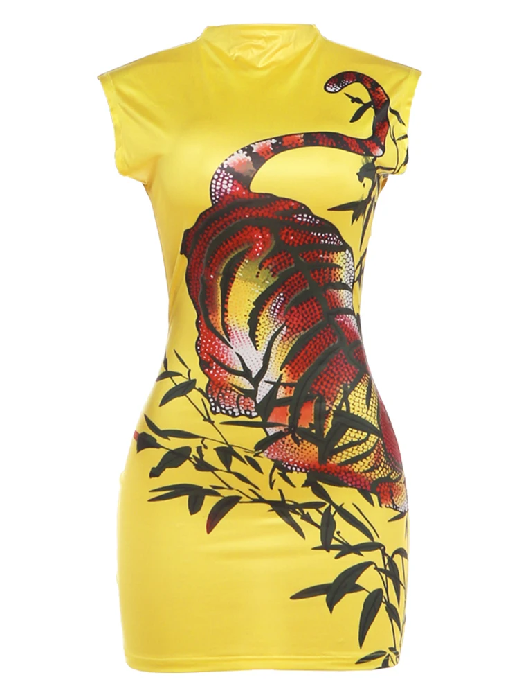 Kliou Sexy Figurbetontes Wickelkleid Damen Sommer Trendiger Tiger-Print Ärmellos Heiße Mädchen Mitternachtsclub Party Hipster Mini Bodycon – Detail 2