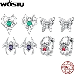 WOSTU Halloween 925 Sterling Silver Heart-shaped Spiderweb Stud Earrings Skull Butterfly Earrings for Women Vintage Jewelry Gift