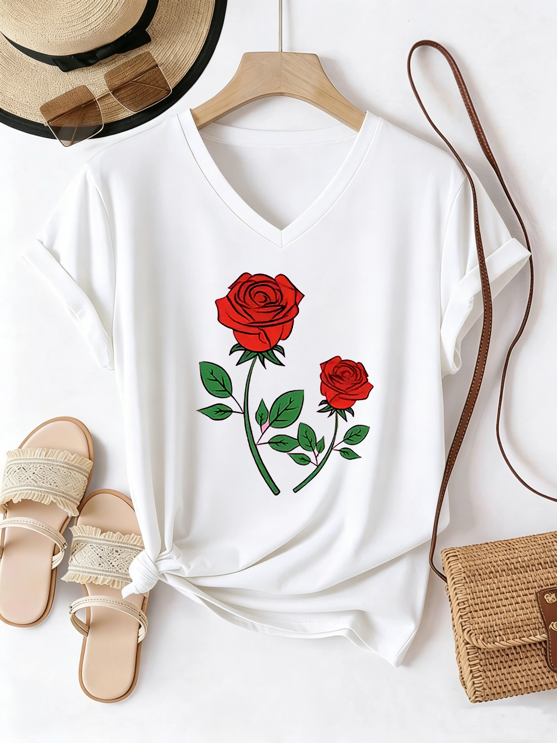 T-shirt Graphic V Neck Casual Fashion Y2k Rose Floral T Shirts Women Short Sleeve Tee Shirt V-Neck Summer Spring