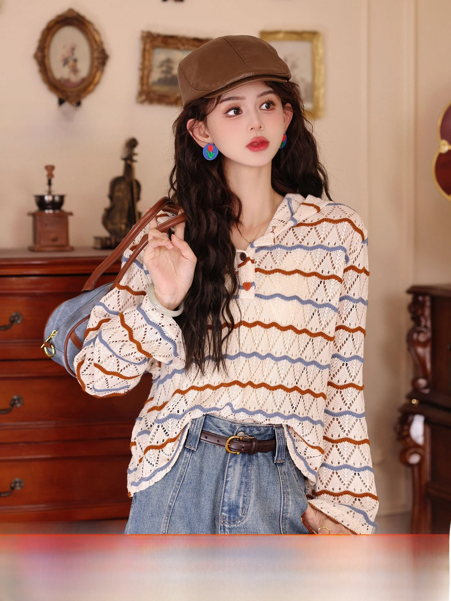 

Повседневная полосатая вязаная шапка для женщин, универсальная, на раннюю весну, в комплекте с длинными рукавами, из мягкой смеси полиэстера и хлопка