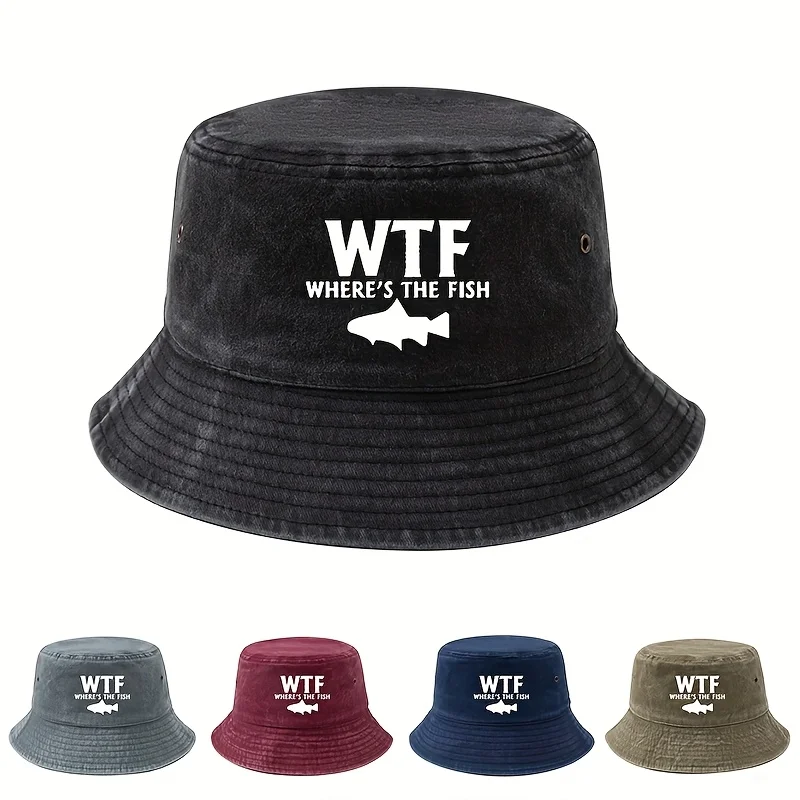 

Male and female outdoor fishing fisherman hat WHERE'S THE FISH print, lightweight sun hat, camping leisure bucket hat.