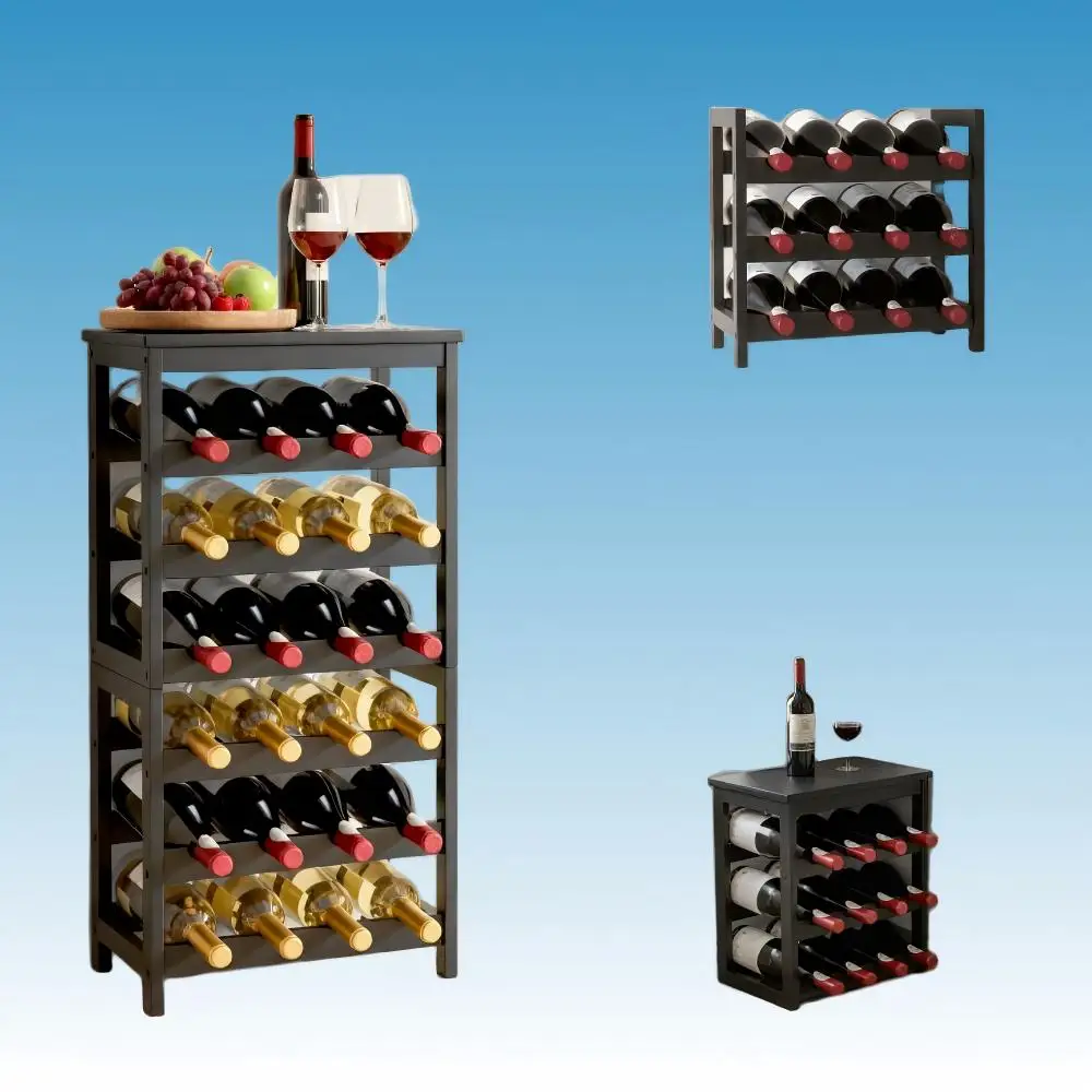 24 Bottle Detachable Wine Rack 6-Tier Freestanding Floor Display Storage Shelves with Table Top Black for Kitchen Cellar Bar