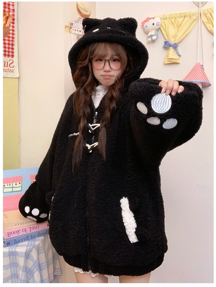 2025 Winter Women's Cute Bunny Ear White Lamb Wool Cotton Coat Loose Brown Zipper Horn Button Hooded Cotton Jacket