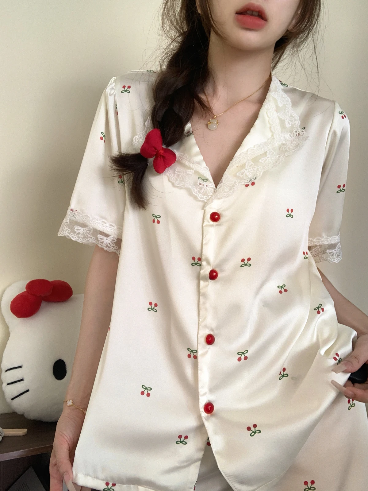 2025 Summer New Japanese Ins Ice Silk Short-sleeved Pajamas Sweet Girl Casual Comfortable Cool Loungewear Set