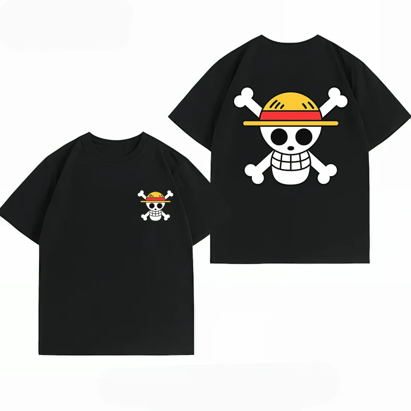 Camiseta Bandai One Piece Luffy con estampado de bandera pirata, camiseta informal de manga corta de algodón, ropa de calle de Anime, camiseta para hombre
