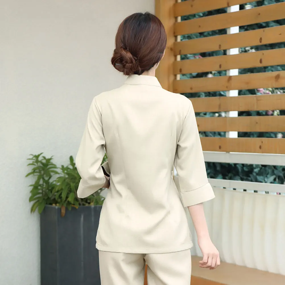 

1Set Professional Beauty Salon Uniform Cotton Apparel Working Clothes Fashion V Neck Long Sleeve Two-Pieces Costume for Women