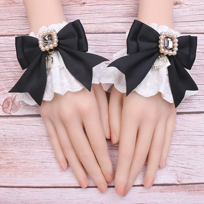 หวานและน่ารักผ้าฝ้ายปักลูกไม้แขนโบว์ Rhinestone Lolita แขนมือสําหรับผู้หญิง