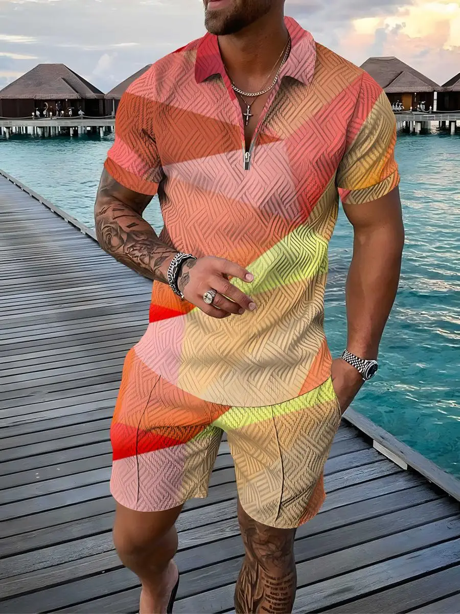 New 2022 Men's Polo Shirt Top + Shorts Dynamic HD Geometric 3D Printing Men's High Quality Clothing Casual Sports Beach Suit