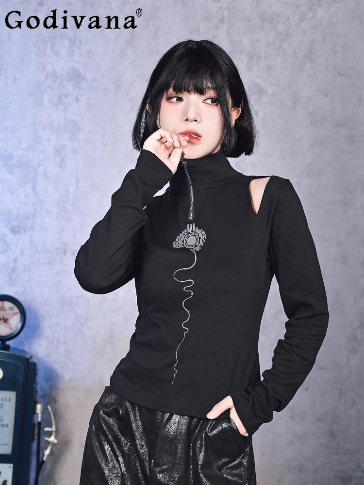 

Spring Autumn New Fashion Dark High Neck Printed Off-Shoulder Long Sleeve T-Shirt Women Black Slim Fashion Sexy Versatile Top