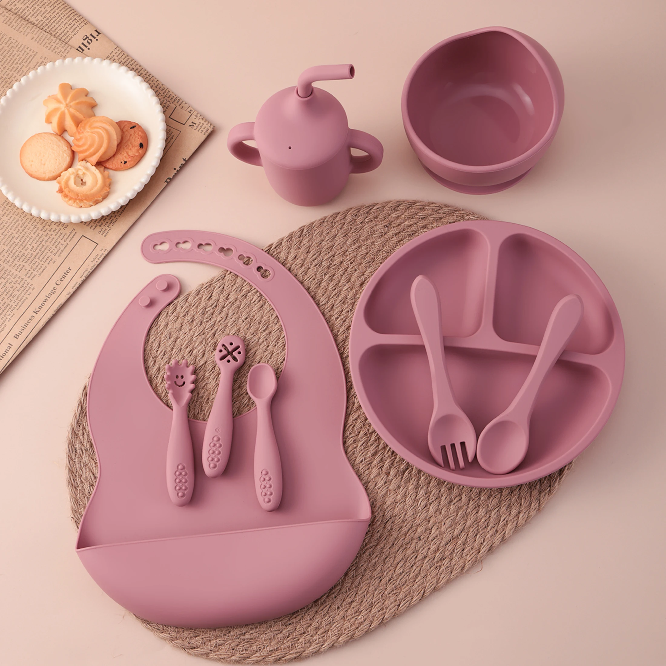 9PCS Baby Silicone Feeding Set Suction Dishes Plate Waterproof Bib Toddler Bowl Utensils Sippy Cup BPA Free Baby Newborn Items