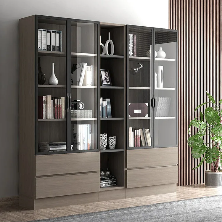 New Arrival Living Room File Cabinet Tempered Glass Door Modern Book Shelf Wooden Bookcase With Drawer