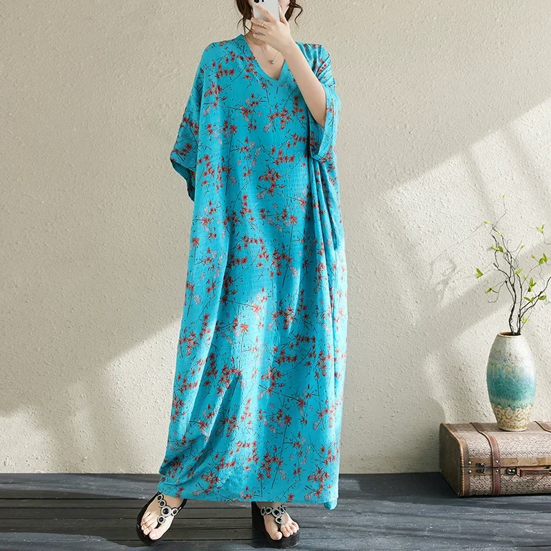 

Summer Ladies Floral Sleep Dress Thin V-Neck Long Cotton Linen Gown Comfortable Soft Robe Beach Vacation Travel Nightdress Women