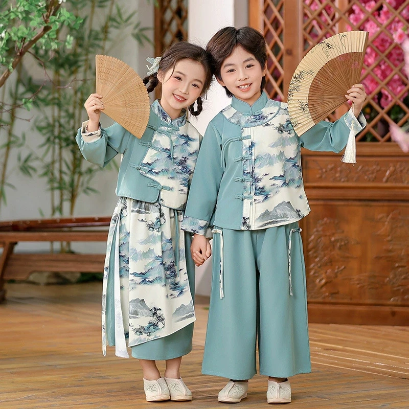 2026-spring-new-boys-and-girl-retro-traditional-school-uniform-kids-two-piece-tang-suit-hanfu-chinese-children-perform-costum