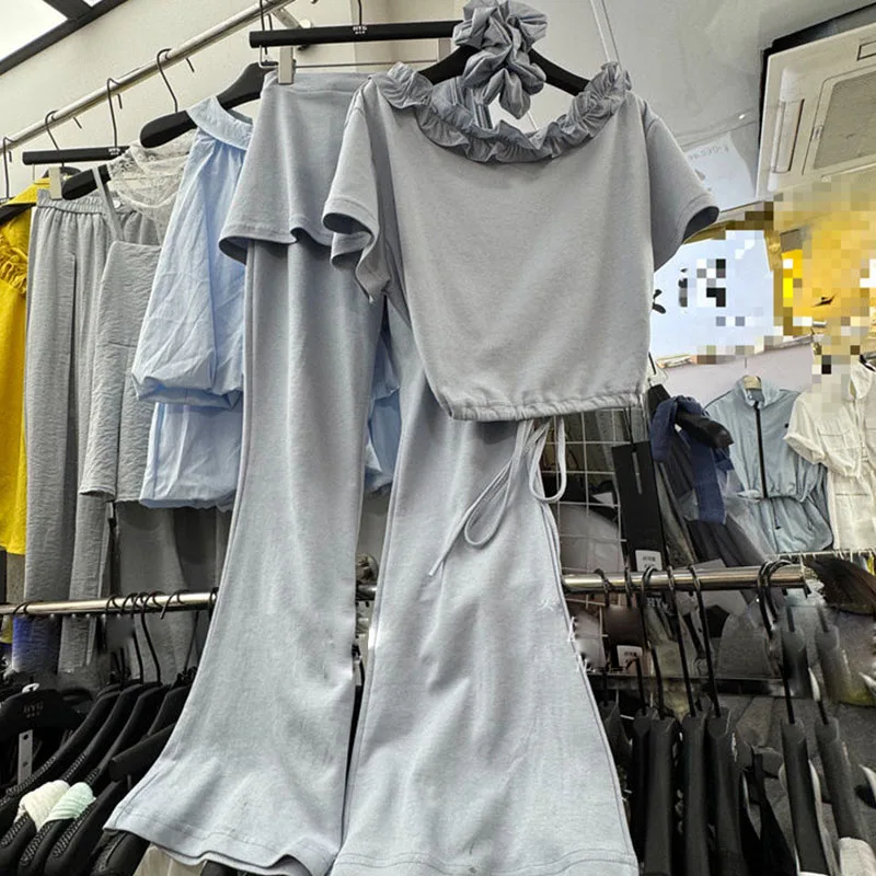 2025年夏 ファンガスエッジ ドローストリング ウエストシンチング 半袖トップス＋ファートカーテン ワイドレッグ カジュアルパンツ おしゃれセット パンツセット