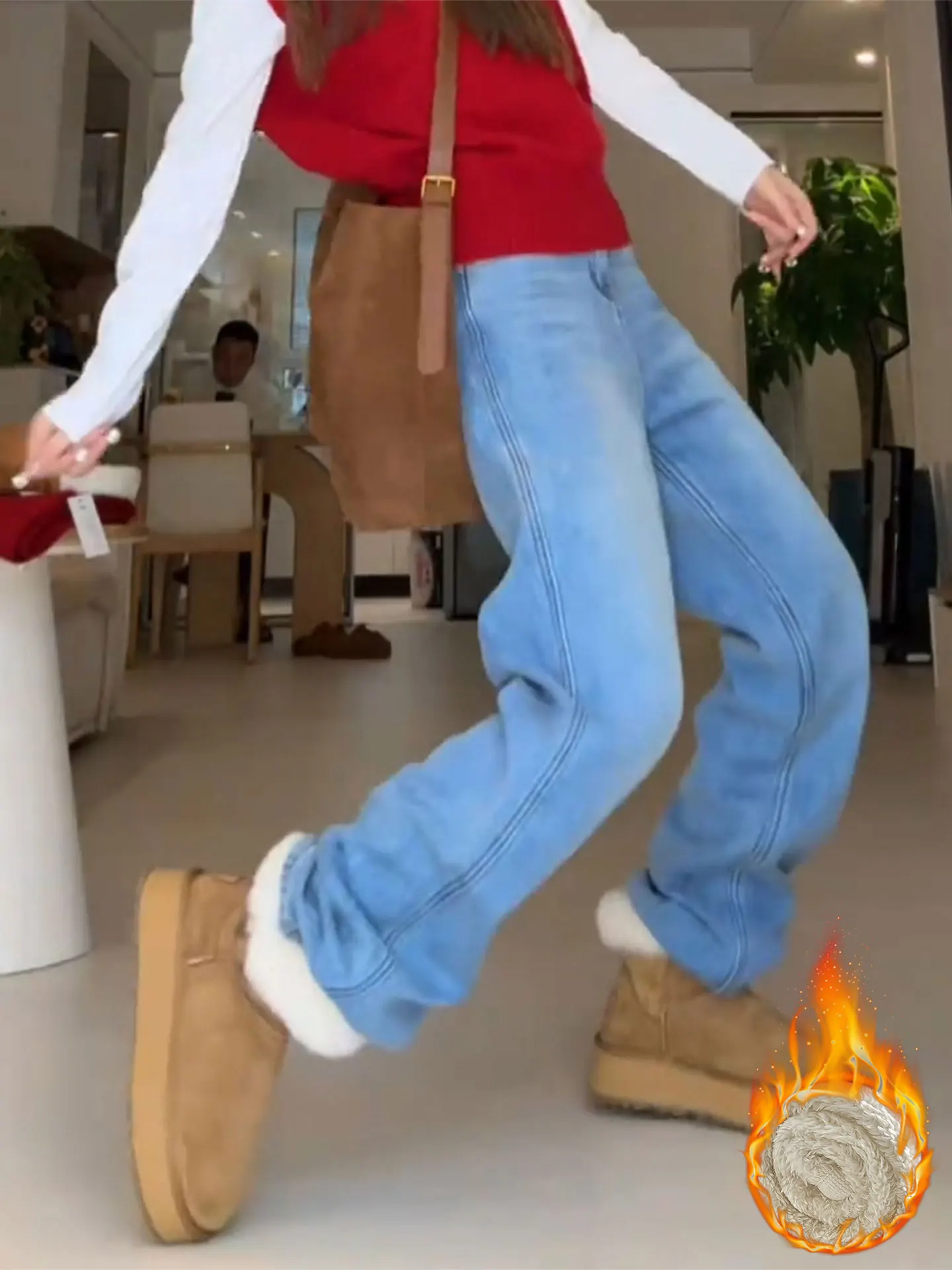 

Blue Fleece Lined Straight Leg Jeans Women's Autumn Winter plus Size High Waist Slimming Hip Covering Denim Pants Casual Wear