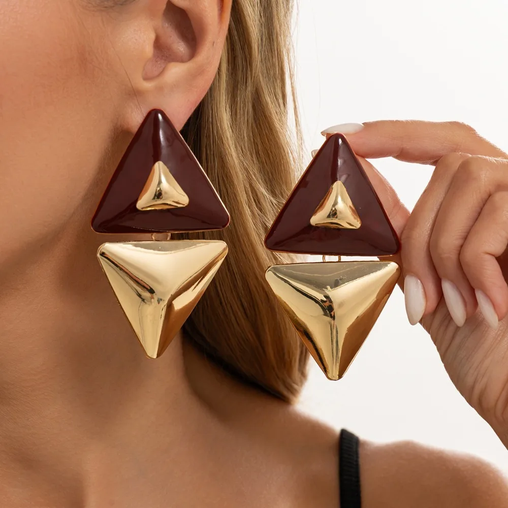 Exaggerated Personality Geometry Glossy Metal Contrasting Color Oil-dripping Triangular Stud Earrings for Women Party Jewelry