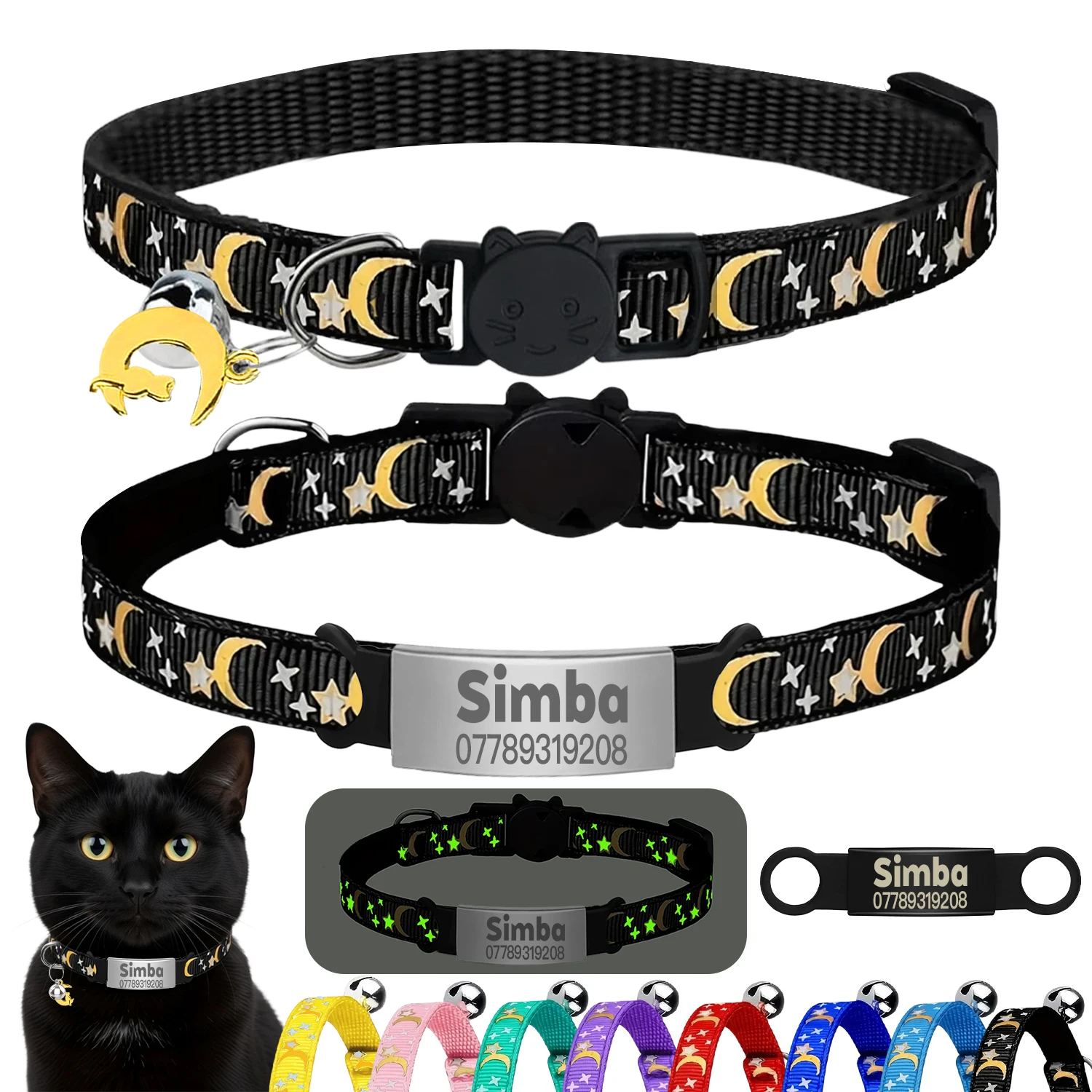 Customized Cute Glow Cat Collar Free Engraved Puppy Kitten Anti-lost Pet ID Nameplate Necklace With Bell & Moon Ornament