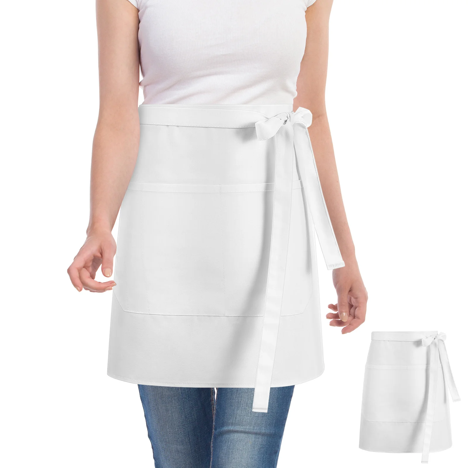 

Half Waist Aprons White Polyester Serving Skirt with Pockets for Waitress Bartender Chef Kitchen Use Sturdy Fabric Tie Down