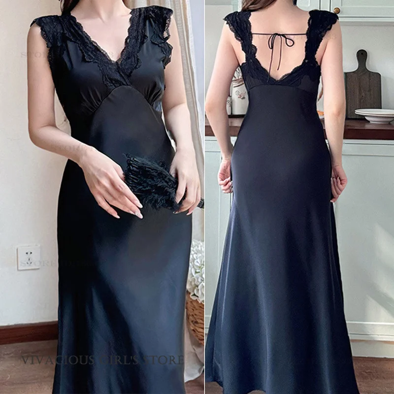 

Elegant Women's Long Sleepdress Nightgown Sexy Lace Backless Nightdress Sleepwear French Court Style Rayon Homewear Lingerie