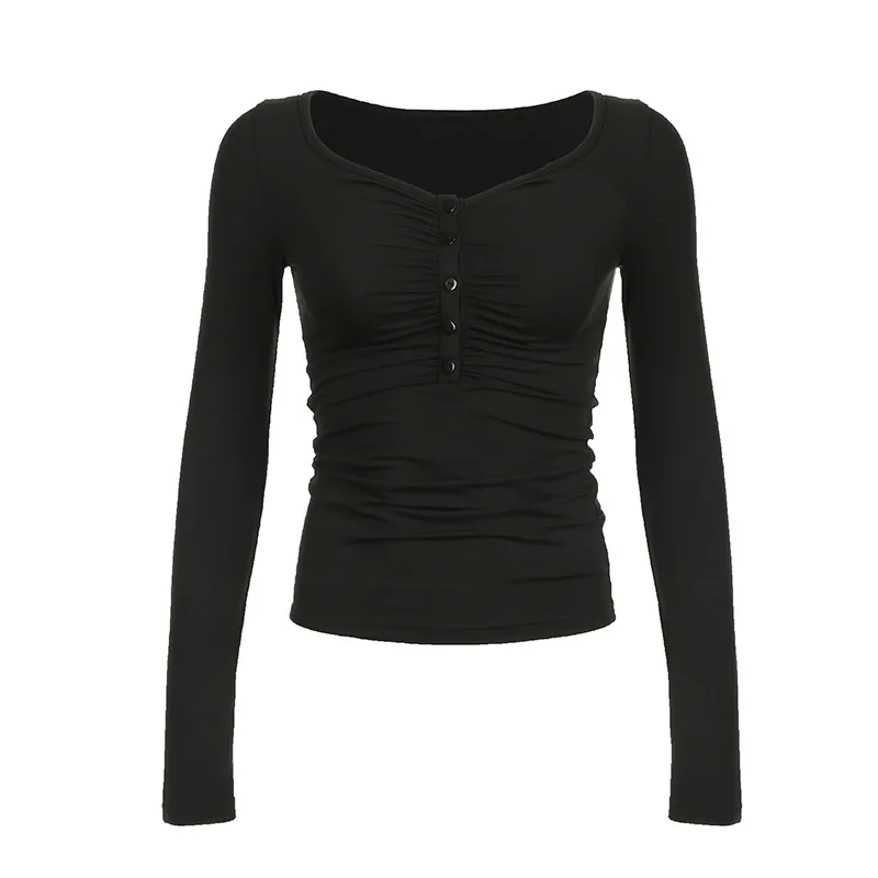 Basic pleated design buckle V-neck spicy girl slim fit elastic base long sleeved T-shirt image 6