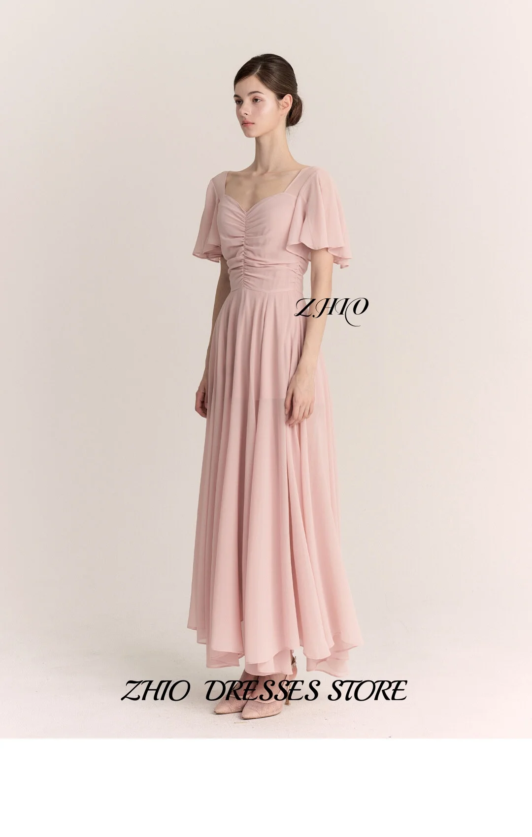 ZHIO Vestido de noche de gasa rosa, cuello cuadrado, mangas con volantes, corpiño fruncido, vestido largo de línea A para ocasiones formales personalizado