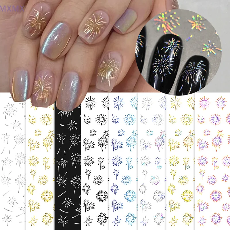 Autocollants de décoration pour ongles, stickers colorés, laser, feu d'artifice, romantique, floraison, décalcomanies, Nail Art, nouvel an, 2025