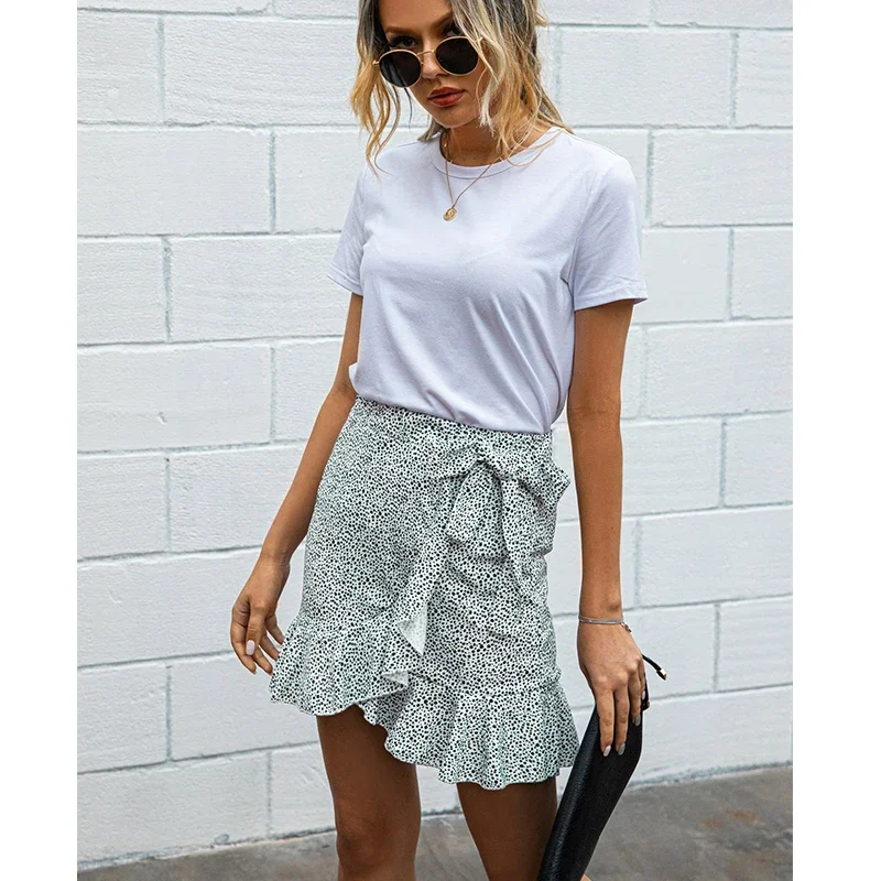 Dot Print Short Mini Skirts Women Summer Ruffle High Waist Bow Tie Skirt Ladies Slim Streetwear