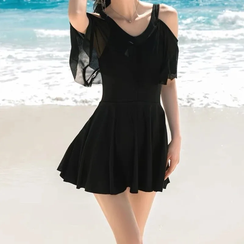 1 Piece Swimdress Cold Shoulder Ruffle Tummy Control Skirted swimsuit For Beach Pool Vacation Black Plus Size