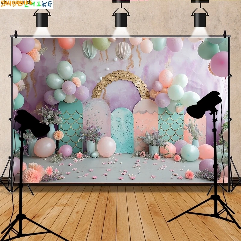 

Fairy Castle Mermaid Seashells Circus Tent Photography Backdrops Balloons Birthday Party Decor Photo Studio Background NR-03