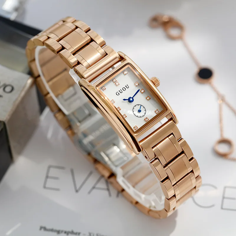 นาฬิกาแบรนด์แฟชั่นสแตนเลสนาฬิกาทองกุหลาบสี่เหลี่ยมสำหรับผู้หญิงนาฬิกาควอตซ์สำหรับสุภาพสตรี