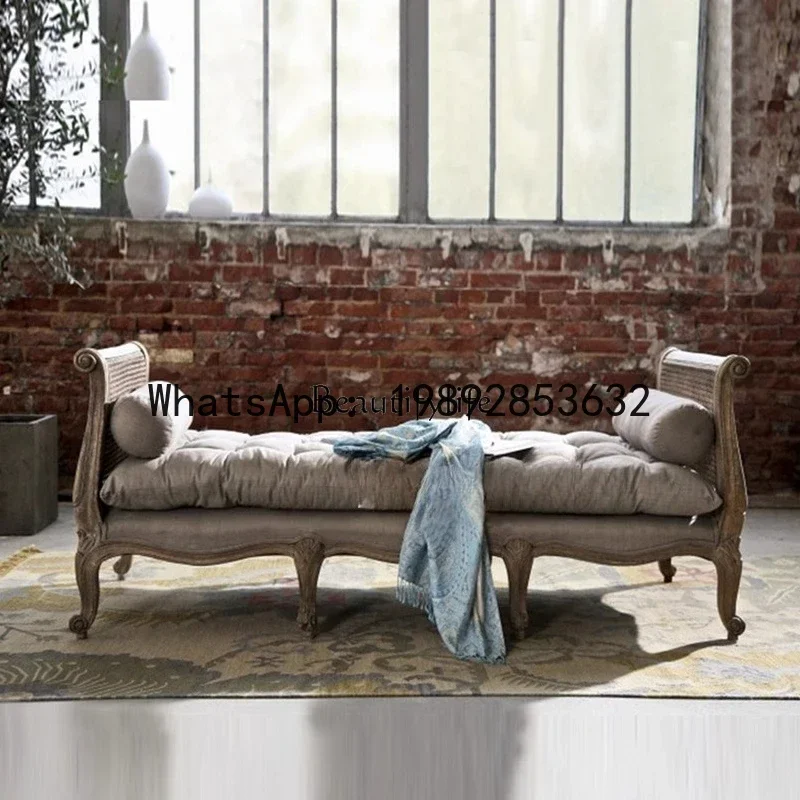 

solid wood rattan fabric sofa bed retro old living room chaise longue