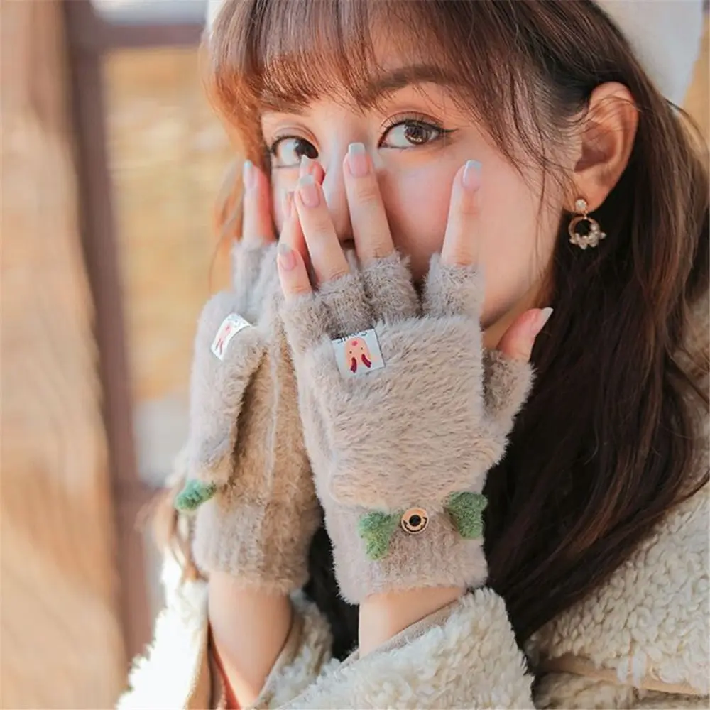 Xmas Gifts Soft Winter Gloves Warm Women Girls Student Writing Gloves Half-Finger Flip Antlers Knit Mittens