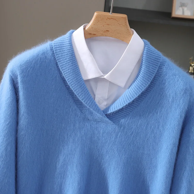 Fall/Winter 2025 New Mink Cashmere Men's Green Collar Solid Color Sweater Pullover Casual Wool Knitted Bottom Shirt