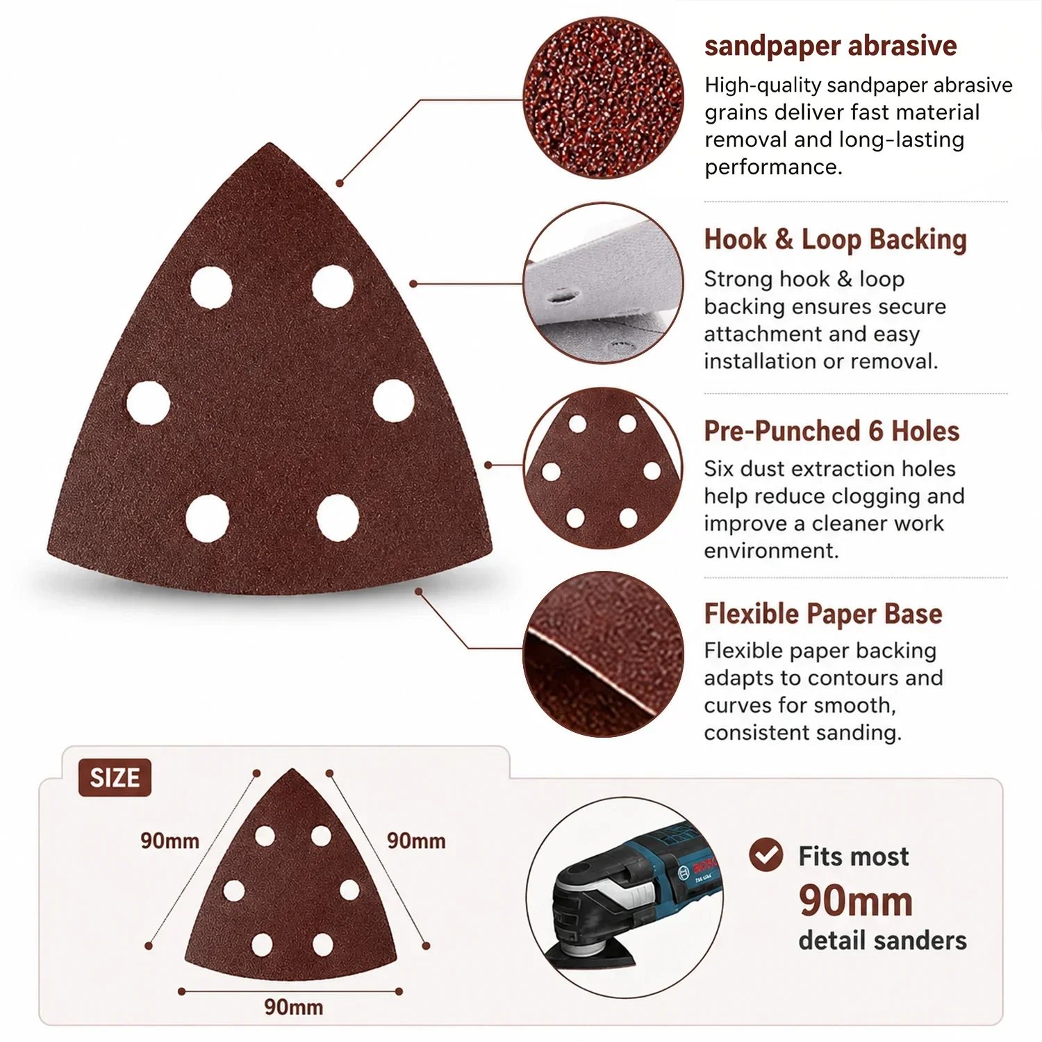 10-100Pcs 6-Hole Triangle Sanding Pads, 40-240 Grit Mouse Sander Sandpaper Hook Loop Abrasive Sheets for Detail Sander