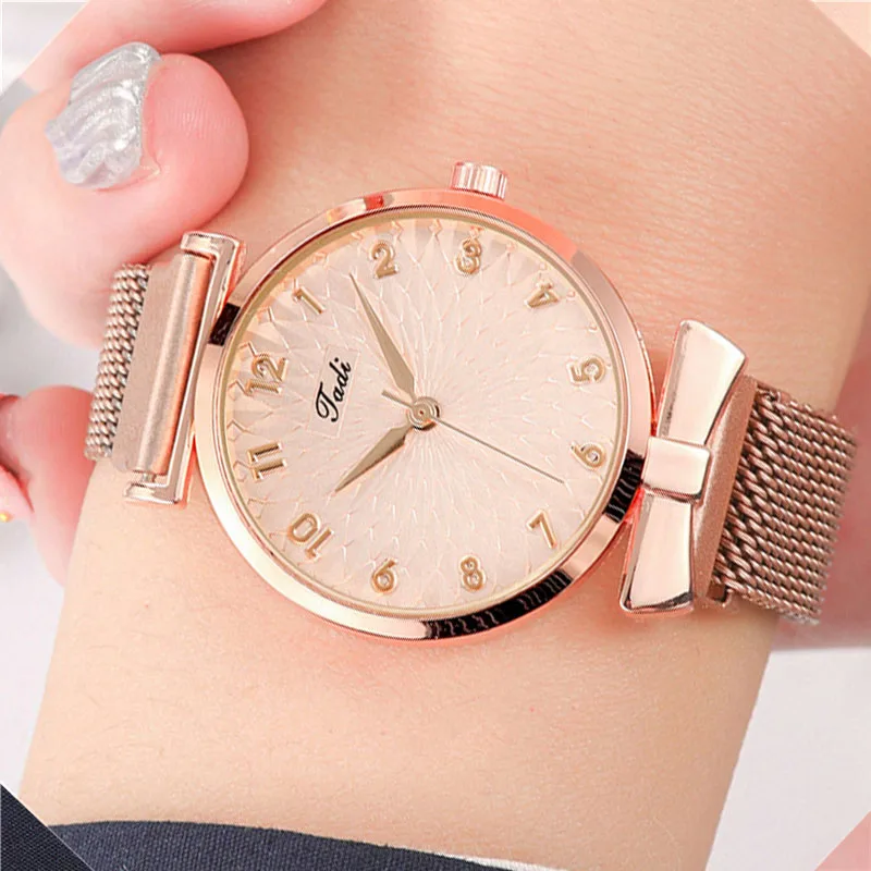 Vrouwen Horloge Stalen Riem Vrouwelijke Magnetische Mesh Horloge Rose Vrouw Horloges Geluk Bloem Armband Montre Femme Reloj Mujer