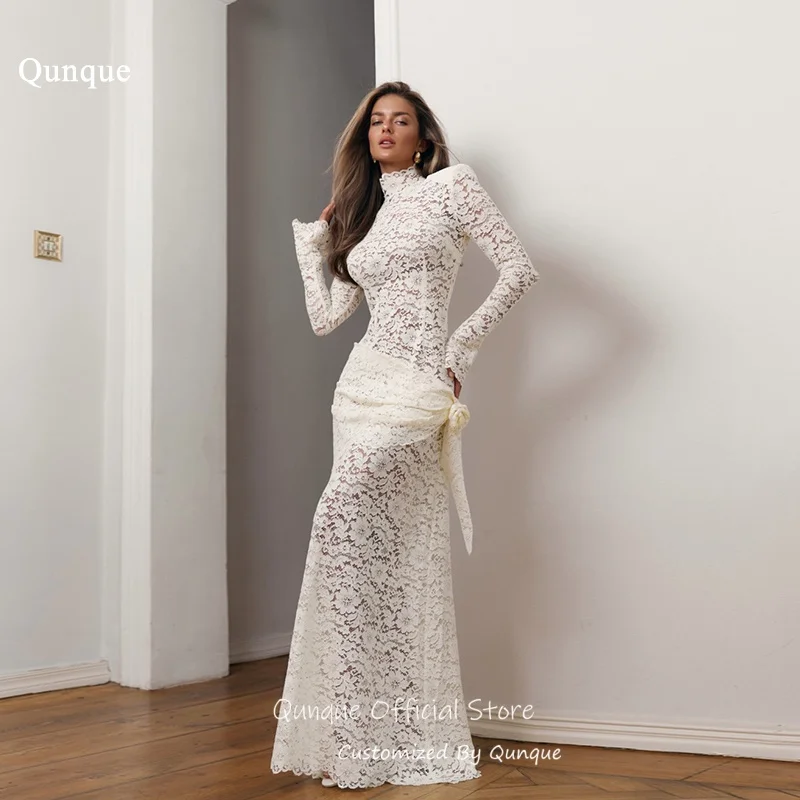 Qunque Vintage Lace 2026 Evening Dresses See Through Vestidos De Gala High Neck Long Sleeves Wedding Guest Dresses Customized