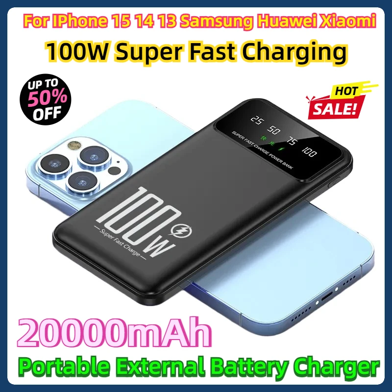 พาวเวอร์แบงค์สำหรับ iPhone 15 14 13 Samsung Huawei Xiaomi 20000mAh 100W ชาร์จเร็วสุดๆเครื่องชาร์จแบตเตอรี่ภายนอกแบบพกพา